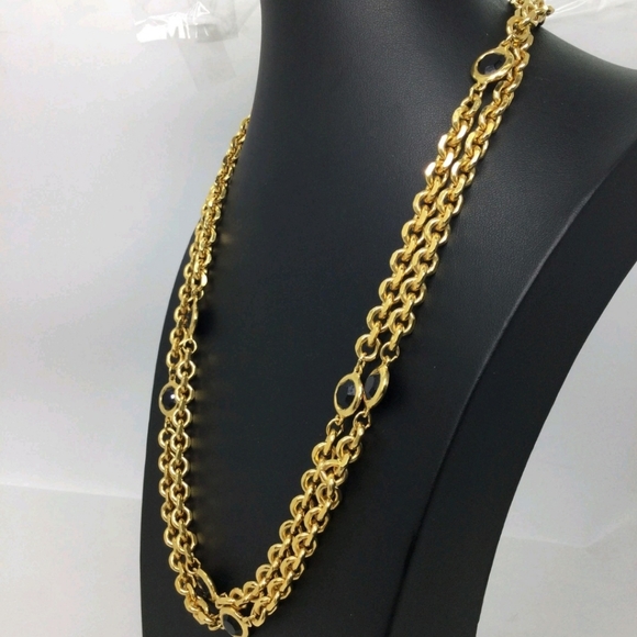 Vintage St. John Black Crystal Bezel Goldtone Necklace NWOT 48" - Picture 2 of 5